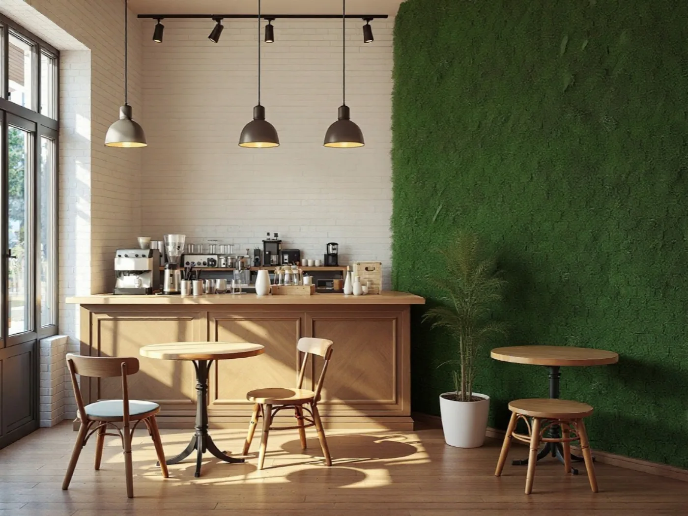 Cafetería con muro verde