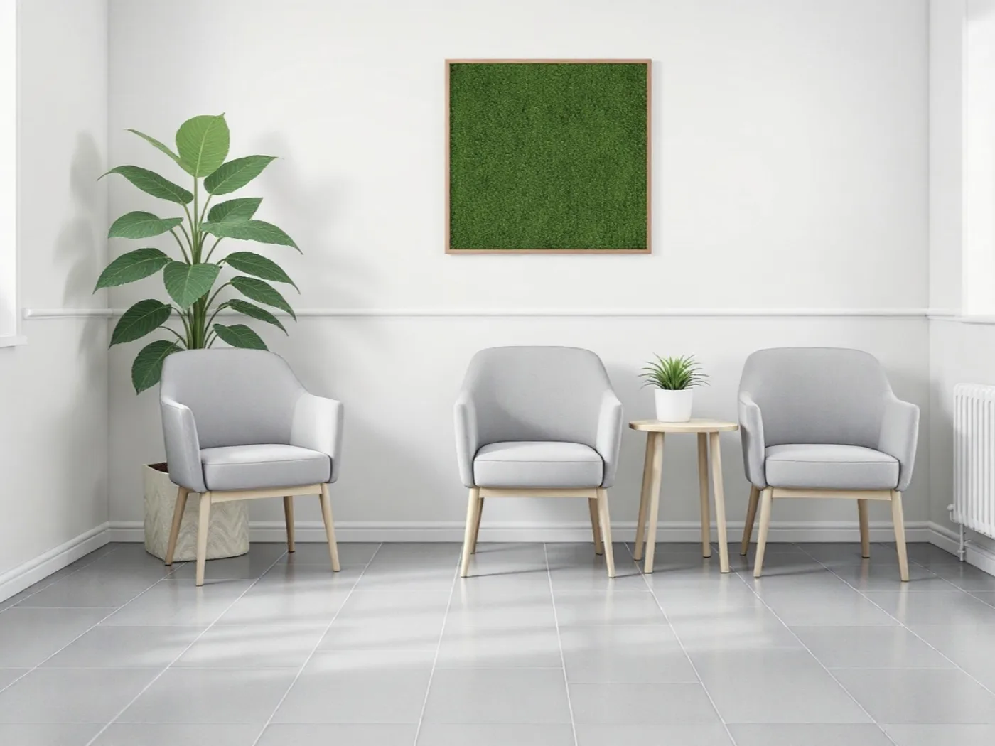 Sala de espera de consultorio con plantas